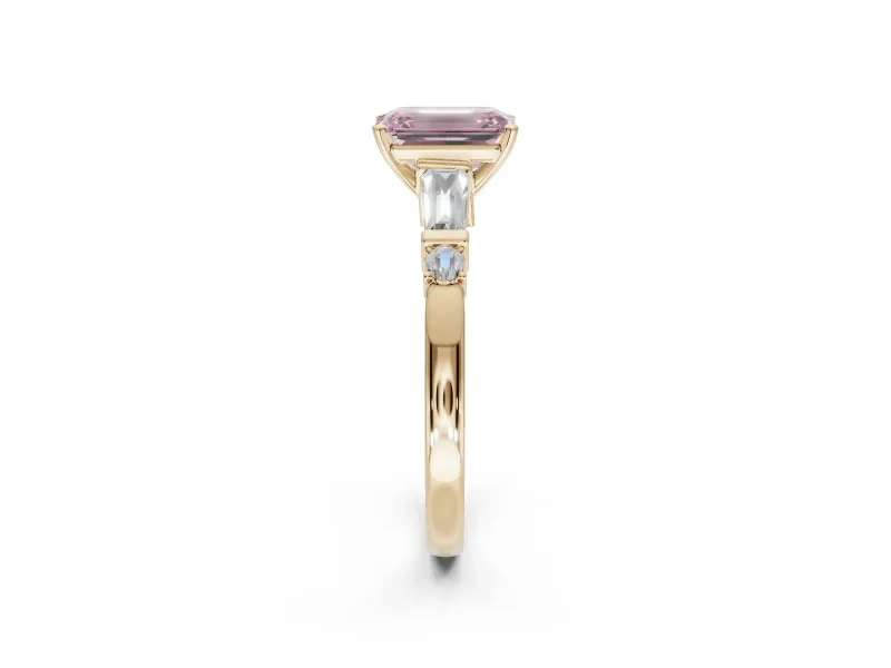 Emerald Cut Tapered Baguette Engagement Ring Setting for a Fancy Pink Lab-Grown Diamond | Bar Set Sides | Yellow Gold