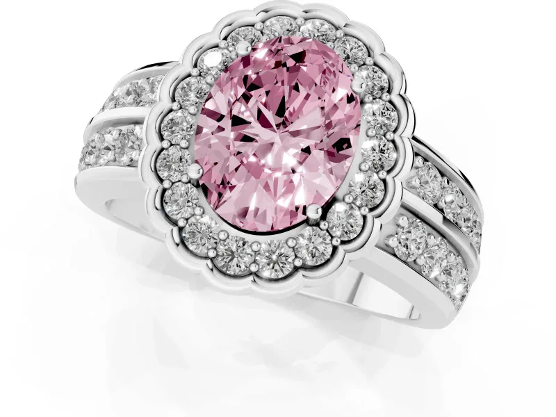 Oval Scalloped Halo Engagement Ring Setting for a Fancy Pink Lab-Grown Diamond | Double Row Band | Platinum