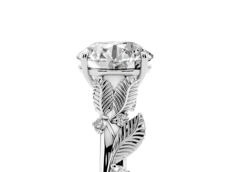 Round Leaf Motif Solitaire Engagement Ring Setting | Accented Leaves | White Gold