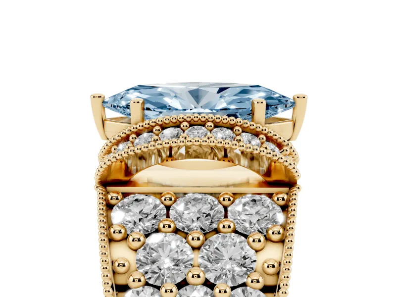 Fancy Blue Marquise Cut Diamond Milgrain Halo Pavé Engagement Ring Set in Yellow gold with Prong Setting