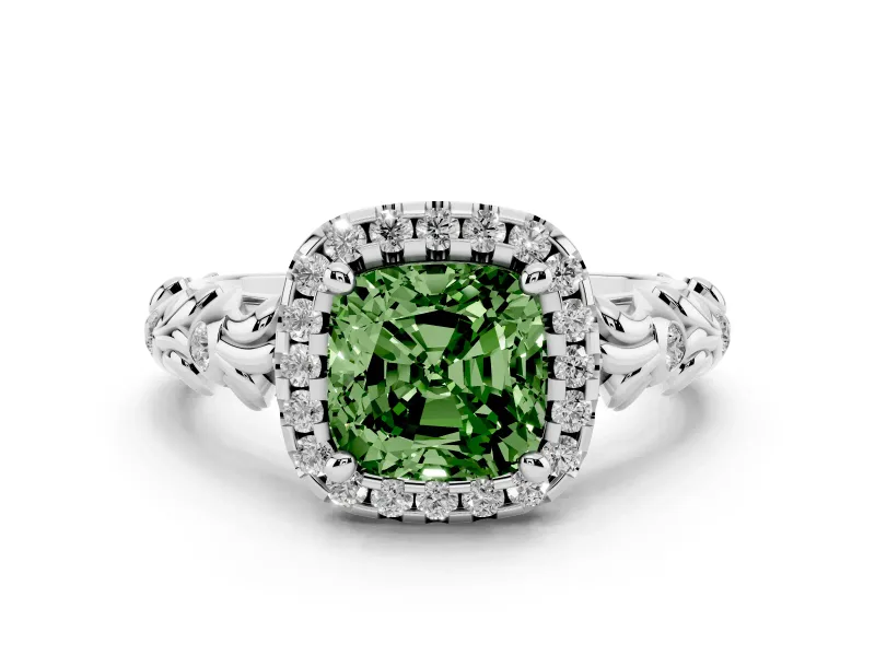 Fancy Green Cushion Cut Diamond Halo Ring Set in Platinum with Filigree Leaf Band and Prong Setting