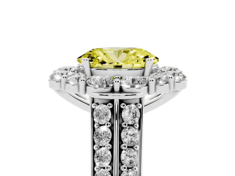 Fancy Yellow Oval Cut Diamond Halo Engagement Ring Set in White gold with Split Shank and Prong Setting