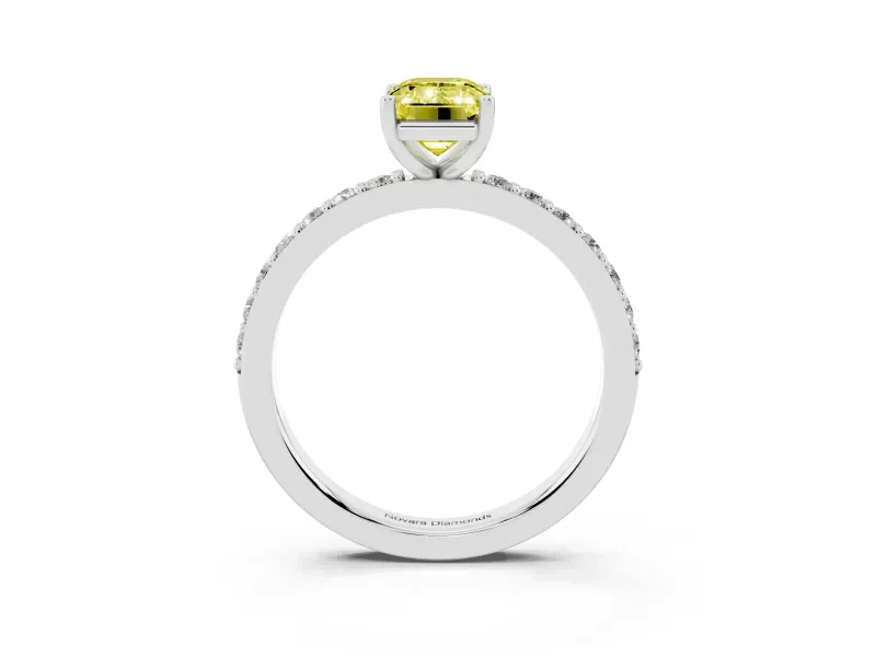 Fancy Yellow Emerald Cut Diamond Solitaire Set in Silver with Round Pavé Band and Prong Setting