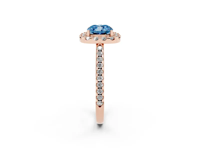 Cushion Cut Pave Halo Engagement Ring Setting for a Fancy Blue Lab-Grown Diamond | Pave Band | Rose Gold