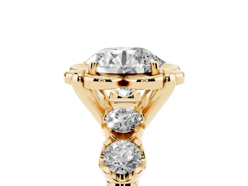 Round Floral Engagement Ring Setting | Petal Frame and Side Stones | Yellow Gold