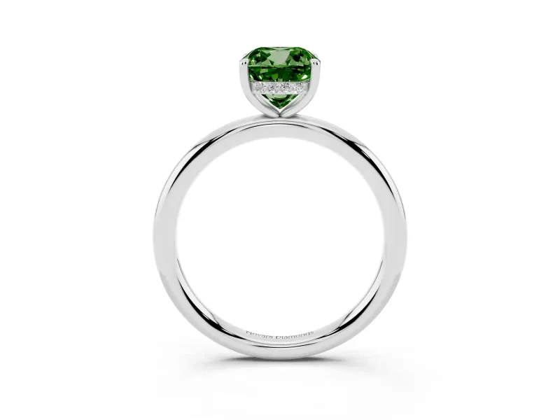 Fancy Green Cushion Cut Diamond Solitaire Ring Set in Platinum with Thin Band and Prong Setting