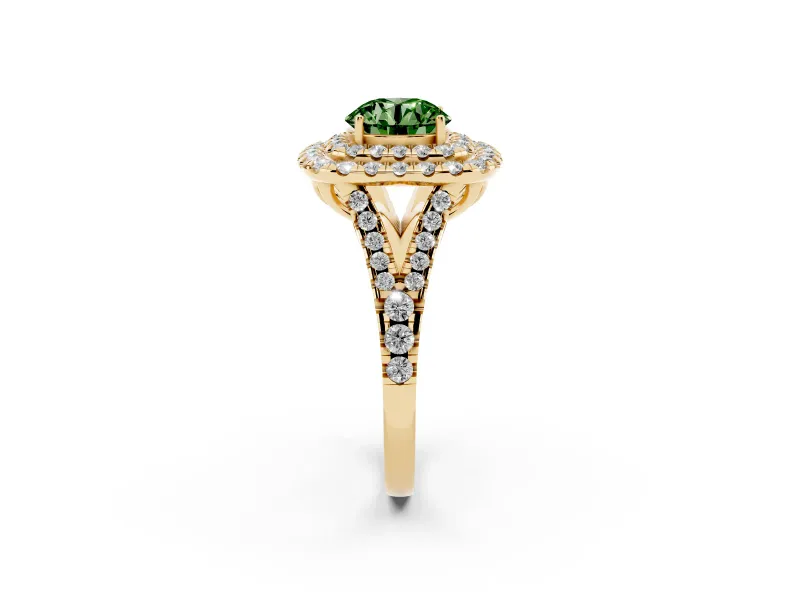 Round Halo Split Shank Engagement Ring Setting for a Fancy Green Lab-Grown Diamond | Pavé Strands | Yellow Gold