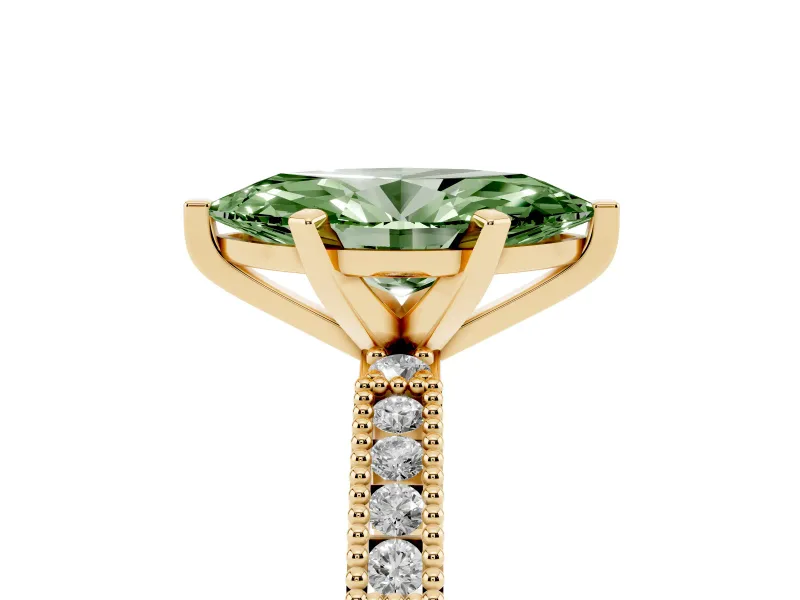 Fancy Green Marquise Cut Diamond Solitaire Ring Set in Yellow gold with Slim Pavé Band and Prong Setting