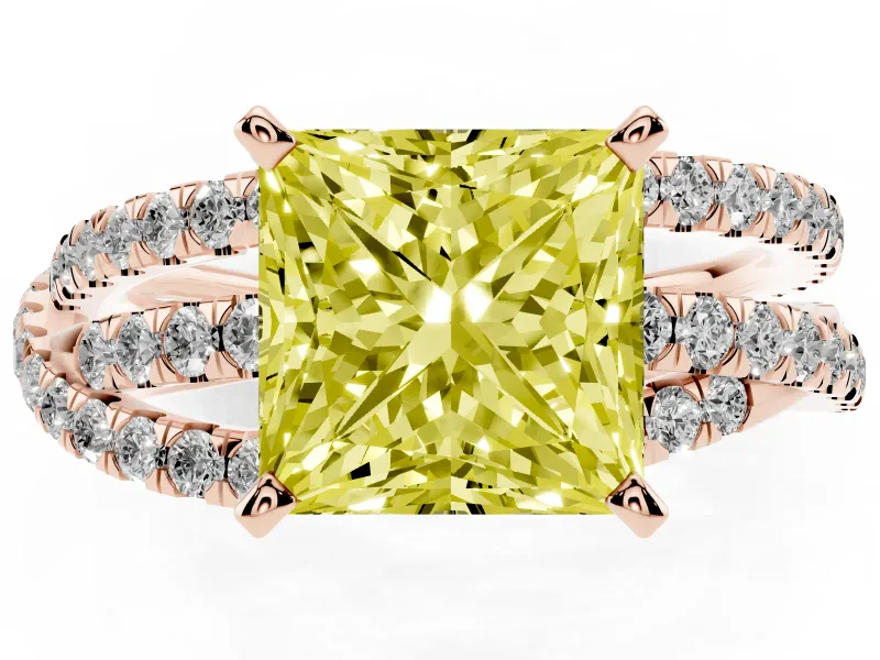 Fancy Yellow Princess Cut Diamond Solitaire Twist Band Ring Set in Rose gold with Pavé Setting and Prong Head
