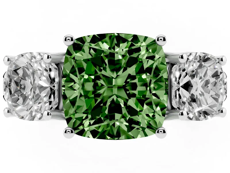 Fancy Green Cushion Cut Diamond Three-Stone Ring Set in Silver with Pavé Band