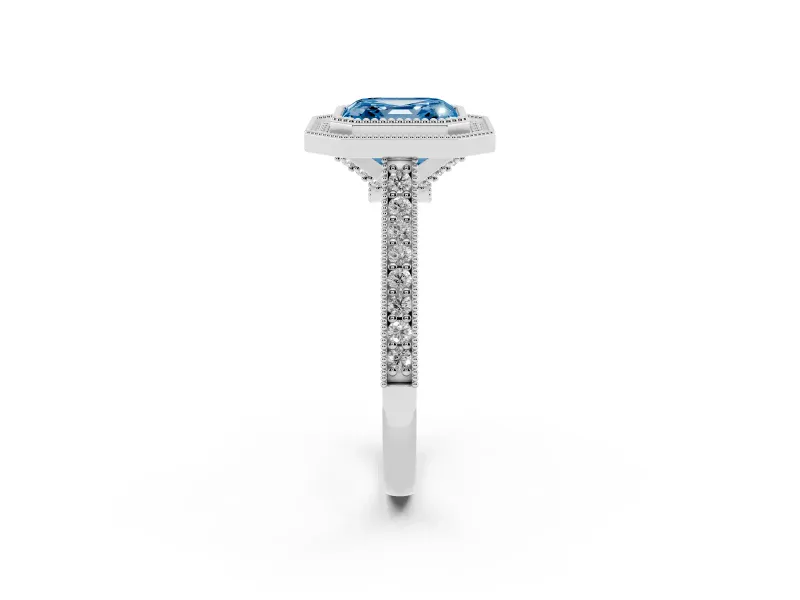Asscher Cut Vintage Milgrain Halo Engagement Ring Setting for a Fancy Blue Lab-Grown Diamond | Bezel Head | White Gold