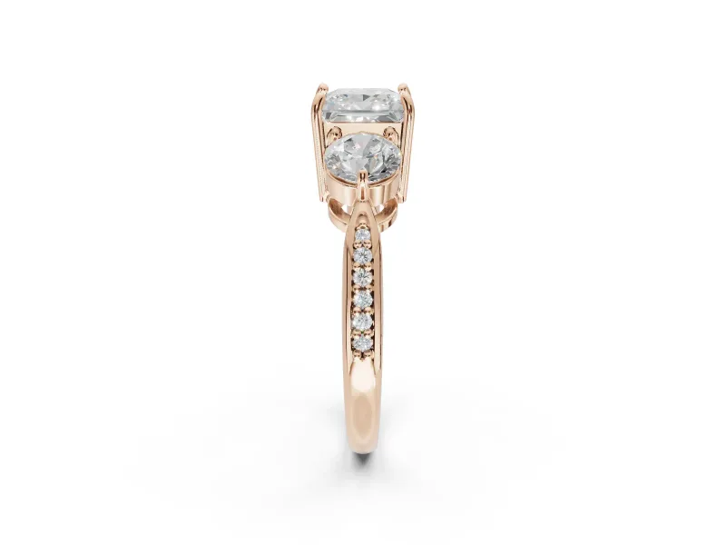 Princess Cut Three Stone Engagement Ring Setting | Tapered Pave Band | Rose Gold