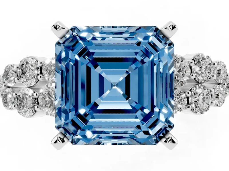 Fancy Blue Asscher Cut Diamond Cluster Engagement Ring Set in White gold with Pavé Band and Prong Setting