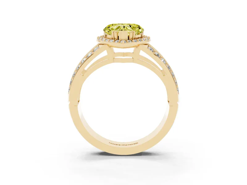 Fancy Yellow Heart Cut Diamond Halo Ring Set in Yellow gold with Double Pavé Split Shank