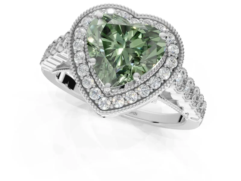 Fancy Green Heart-Shaped Lab-Grown Diamond Milgrain Halo Solitaire Ring Set in Sterling Silver with Bezel Set Side Stones and Pavé Band