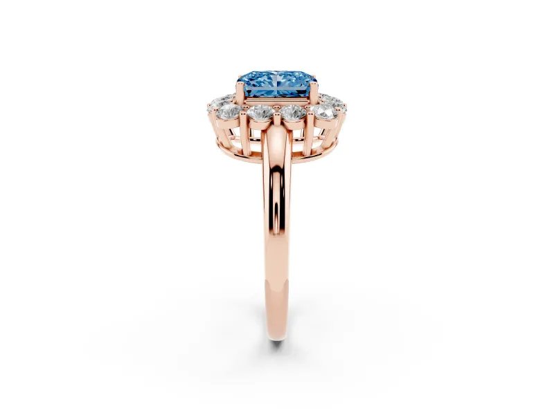 Radiant Cut Cluster Halo Engagement Ring Setting for a Fancy Blue Lab-Grown Diamond | Large Round Accents | Rose Gold