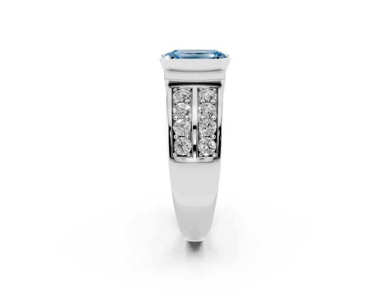 Emerald Cut Half Bezel Engagement Ring Setting for a Fancy Blue Lab-Grown Diamond | Double Row Channel Band | White Gold