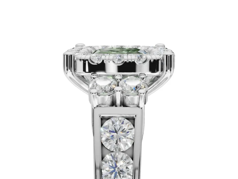 Cushion Cut Halo Engagement Ring Setting for a Fancy Green Lab-Grown Diamond | Graduated Channel Band | Platinum