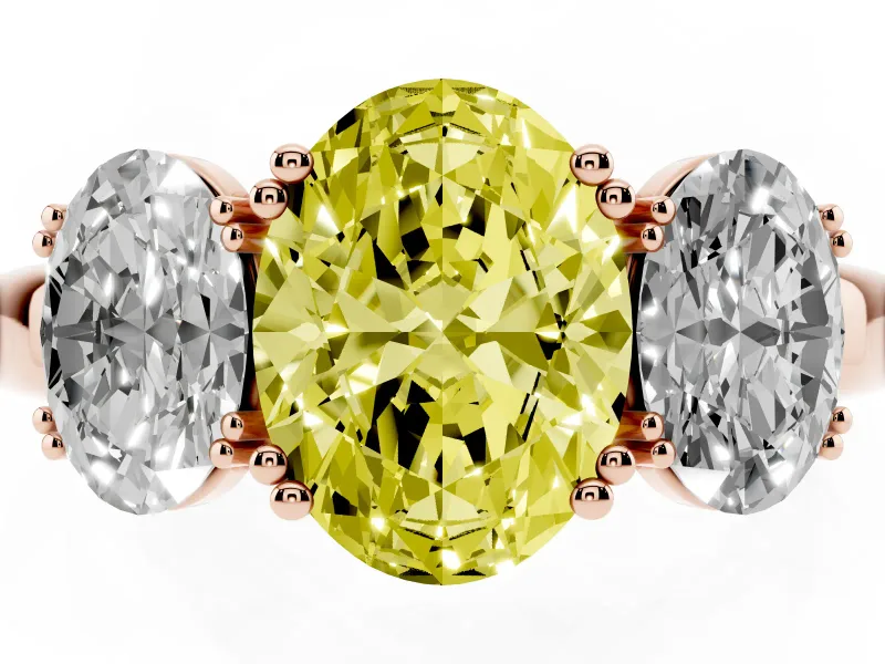 Fancy Yellow Oval Cut Diamond Three-Stone Ring Set in Rose gold with Polished Band and Prong Setting