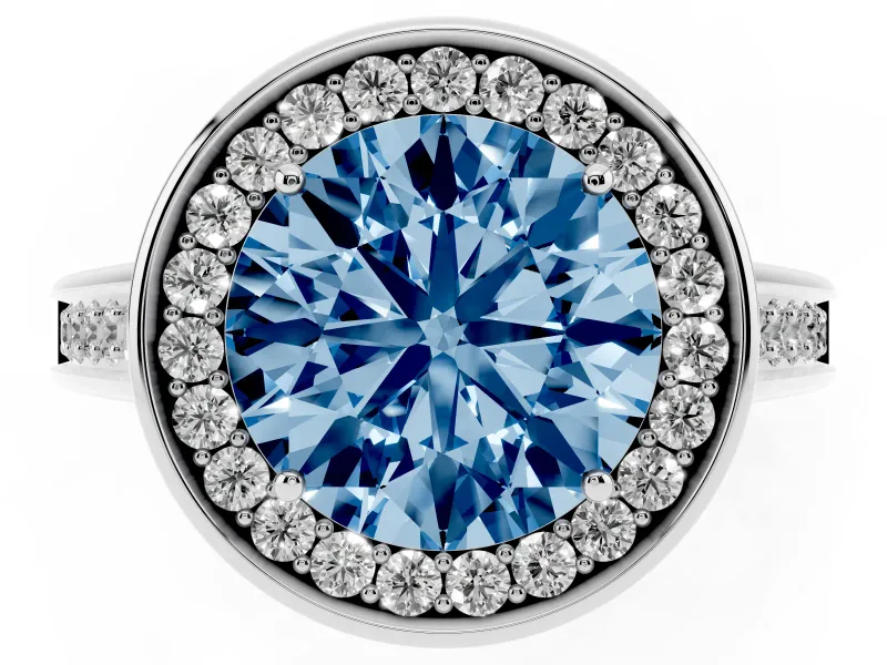 Fancy Blue Round Cut Diamond Halo Solitaire Ring Set in White gold with Pavé Band and Bezel Setting