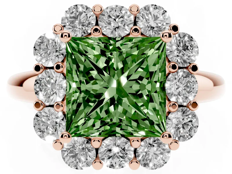 Princess Cut Graduated Milgrain Halo Engagement Ring Setting for a Fancy Green Lab-Grown Diamond | Rose Gold