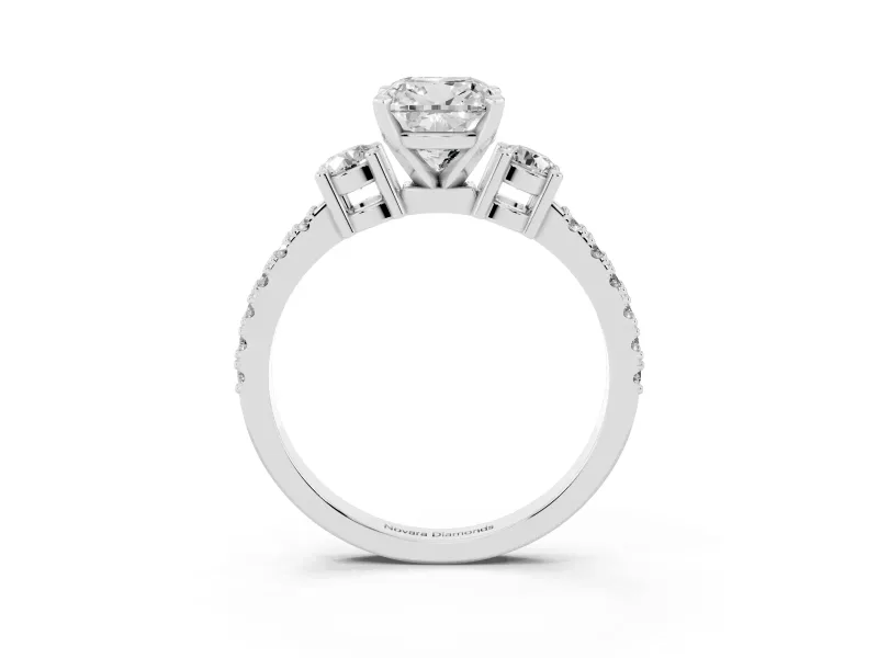 Three-Stone Cushion Cut Diamond Pavé Band Ring Set in Platinum with Prong Setting