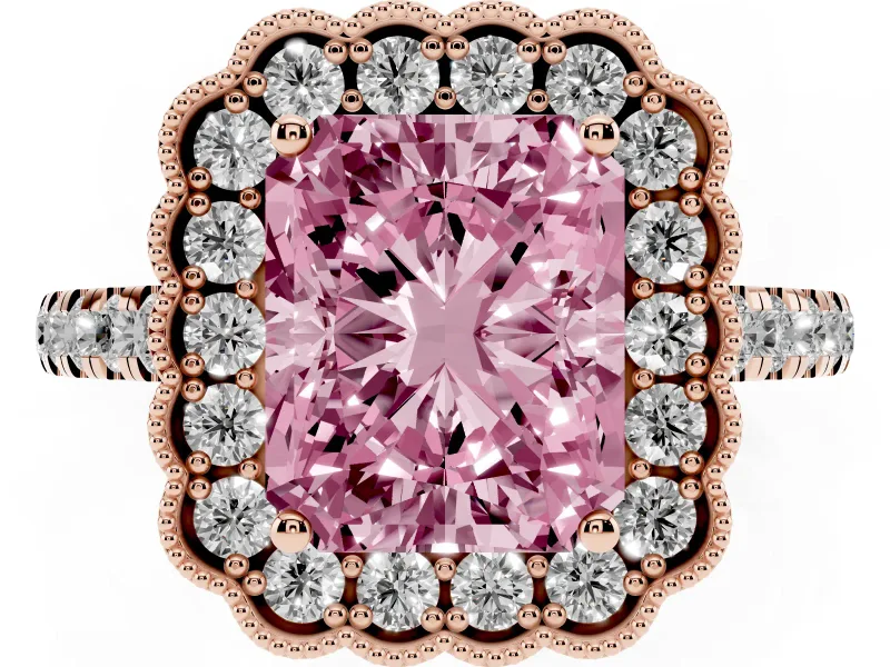 Radiant Cut Milgrain Floral Halo Engagement Ring Setting for a Fancy Pink Lab-Grown Diamond | Pavé Band | Rose Gold