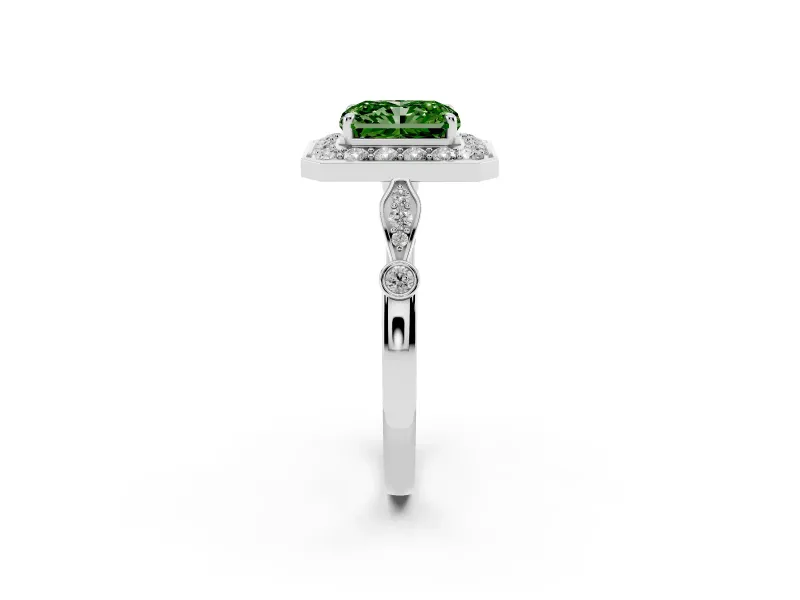 Radiant Cut Halo Engagement Ring Setting for a Fancy Green Lab-Grown Diamond | Bezel Station Shoulders | Platinum
