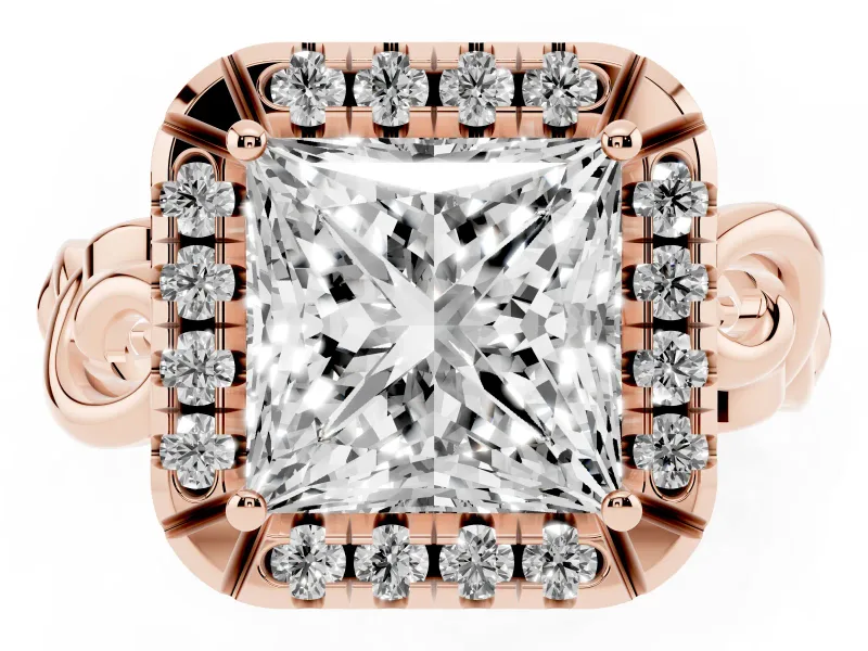Princess Cut Vintage Filigree Halo Engagement Ring Setting | Scroll Shoulders | Rose Gold