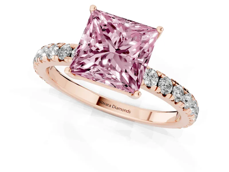 Princess Cut Pave Engagement Ring Setting for a Fancy Pink Lab-Grown Diamond | Shared Prong Band | Rose Gold