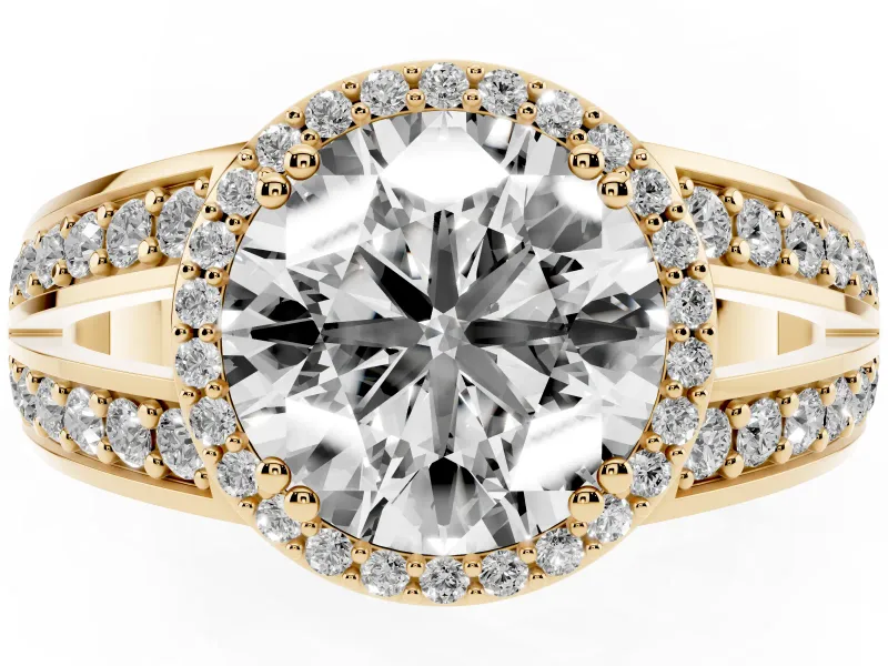 Round Halo Engagement Ring Setting | Two-Row Pave Split Shank | Yellow Gold