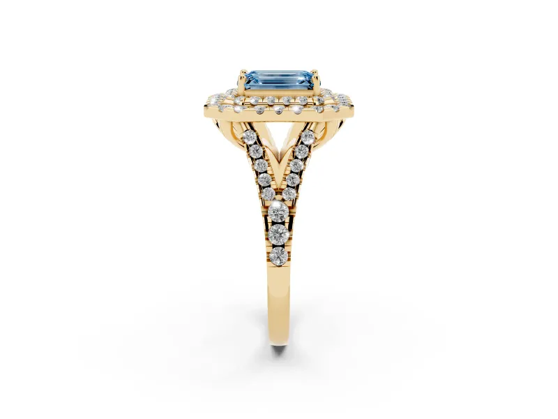 Emerald Cut Halo Split Shank Engagement Ring Setting for a Fancy Blue Lab-Grown Diamond | Pavé Strands | Yellow Gold