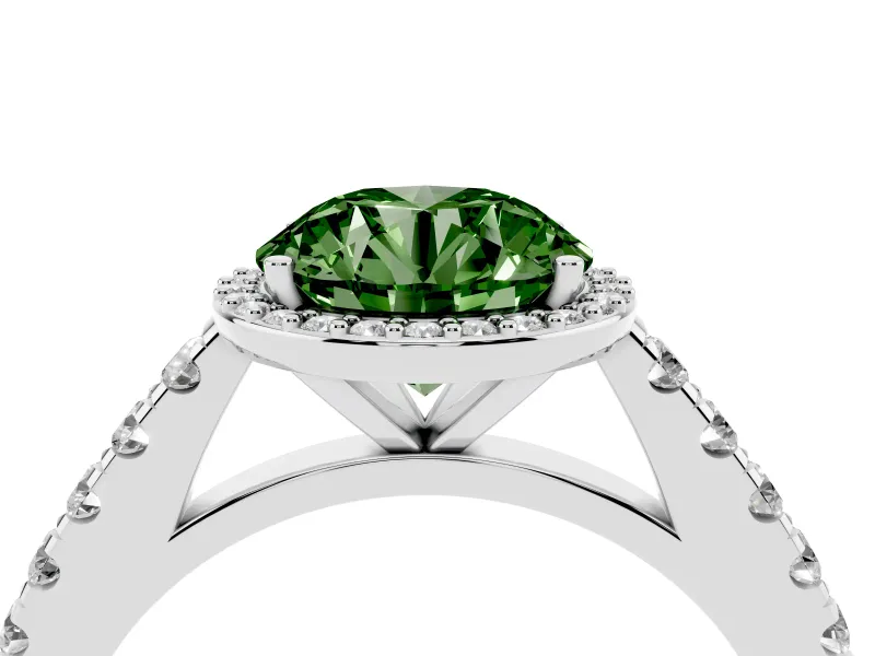 Fancy Green Round Cut Diamond Halo Engagement Ring Set in Silver with Pavé Band and Prong Setting