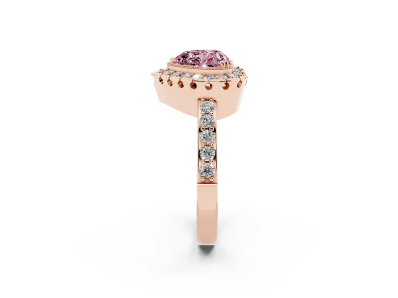 Heart-Shaped Milgrain Halo Engagement Ring Setting for a Fancy Pink Lab-Grown Diamond | Pavé Shoulders | Rose Gold