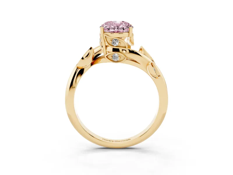 Fancy Pink Oval Cut Diamond Solitaire Twist Engagement Ring Set in Yellow gold with Pavé Leaf Accents