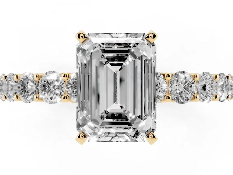 Emerald Cut Shared Prong Engagement Ring Setting | Two-Row Band | Yellow Gold