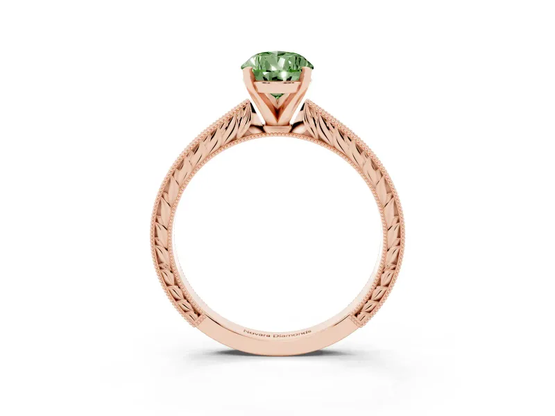 Fancy Green Pear Cut Diamond Solitaire Milgrain Engraved Band Set in Rose gold with Prong Setting