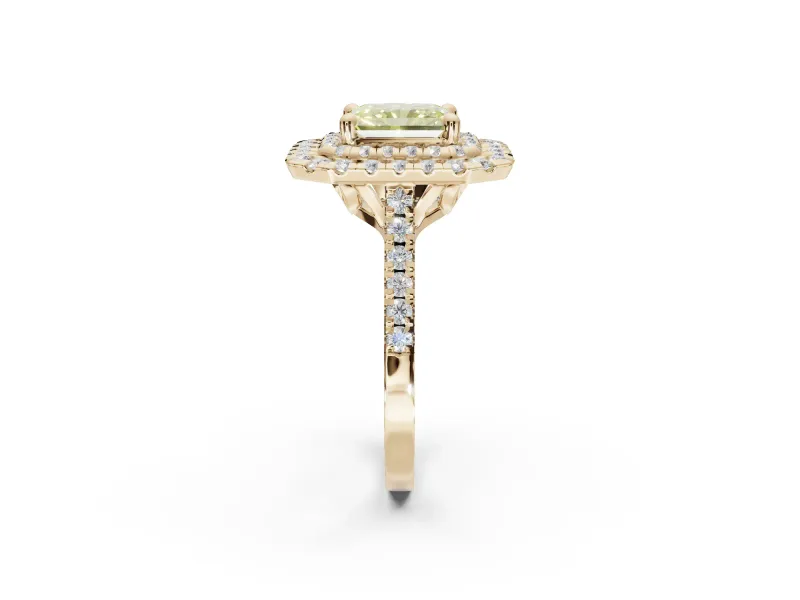 Canary Yellow Radiant Cut Lab-Grown Diamond Double Halo Statement Ring Set in Yellow Gold with Pavé Band