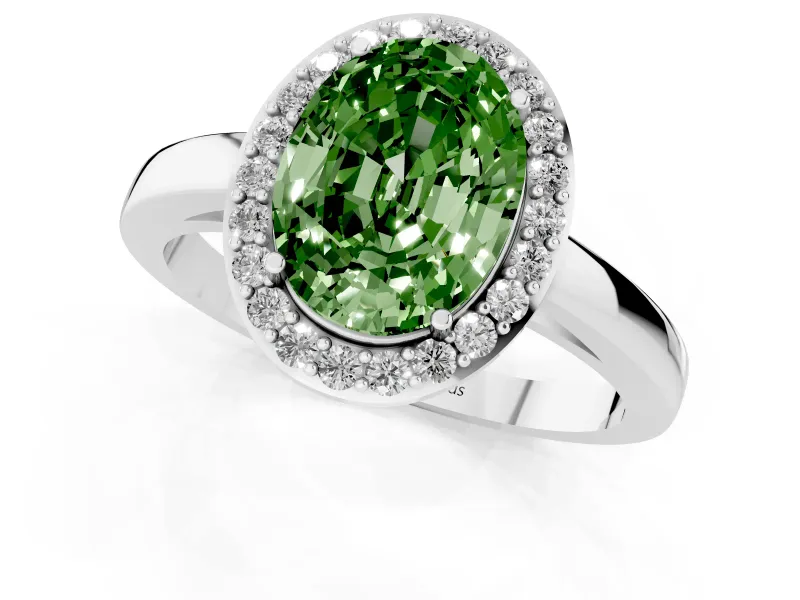 Fancy Green Oval Cut Diamond Halo Ring Set in Silver with Solitaire Band and Prong Setting