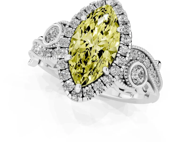 Fancy Yellow Marquise Cut Diamond Halo Ring Set in White gold with Milgrain Pavé Band and Prong Setting