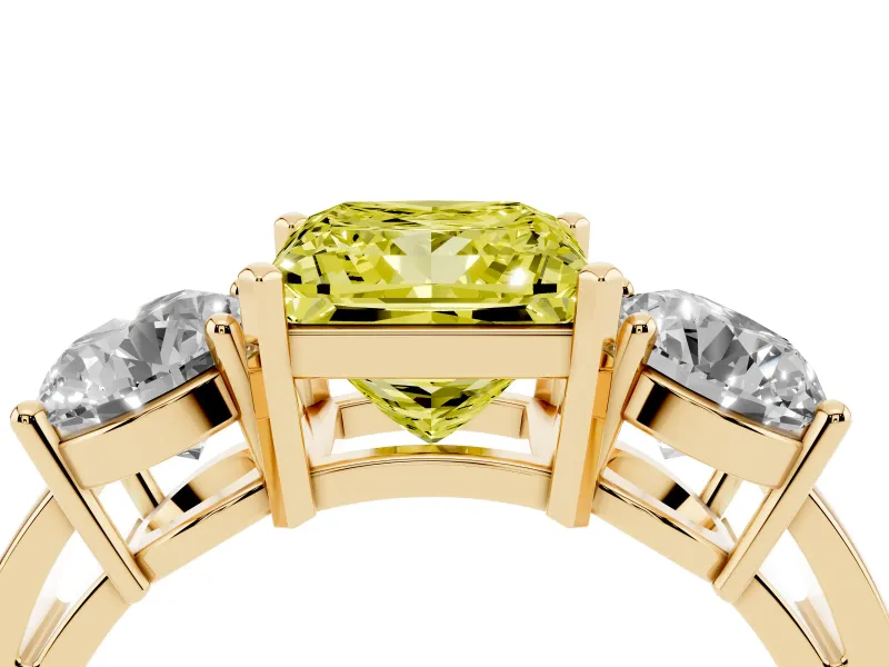 Princess Cut Three Stone Engagement Ring Setting for a Fancy Yellow Lab-Grown Diamond | Wide Plain Band | Yellow Gold