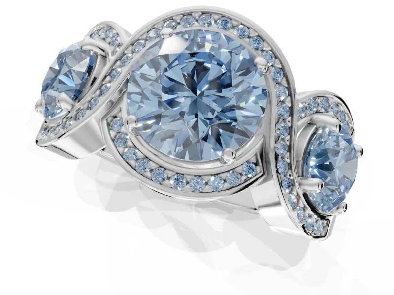 Round Three Stone Halo Engagement Ring Setting for a Fancy Blue Lab-Grown Diamond | Pavé Wave Band | Sterling Silver