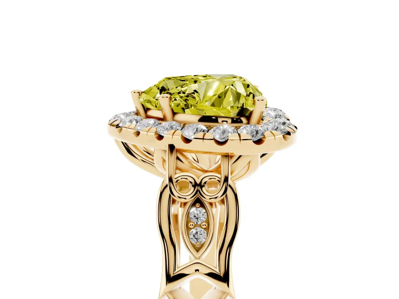 Fancy Yellow Heart Cut Diamond Halo Engagement Ring Set in Yellow gold with Filigree Band and Prong-Set Center