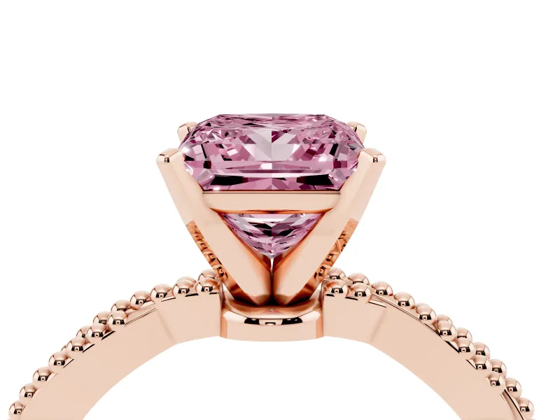 Fancy Pink Princess Cut Diamond Solitaire Ring Set in Rose gold with Twisted Band and Bead Prong Setting