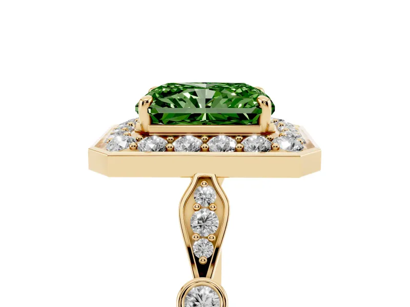 Radiant Cut Halo Engagement Ring Setting for a Fancy Green Lab-Grown Diamond | Bezel Station Shoulders | Yellow Gold