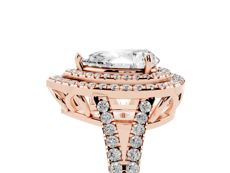 Pear-Shaped Double Halo Split Shank Engagement Ring Setting | Pavé Shoulders | Rose Gold