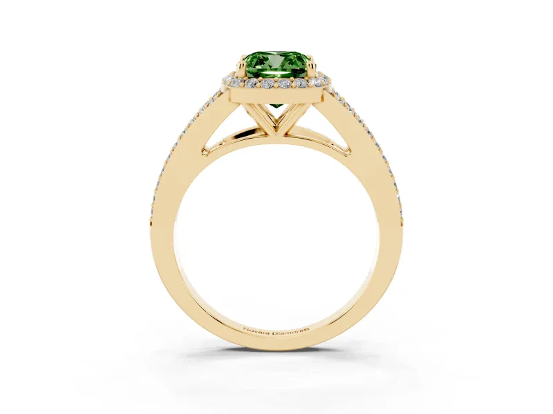 Cushion Cut Halo Engagement Ring Setting for a Fancy Green Lab-Grown Diamond | V-Split Pavé Band | Yellow Gold