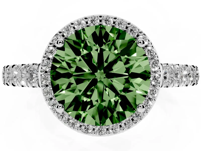 Fancy Green Round Cut Diamond Halo Engagement Ring Set in Silver with Pavé Band and Prong Setting