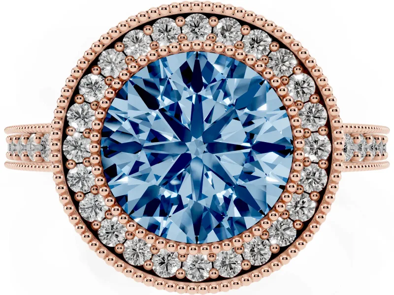 Round Milgrain Halo Engagement Ring Setting for a Fancy Blue Lab-Grown Diamond | Pave Band | Rose Gold