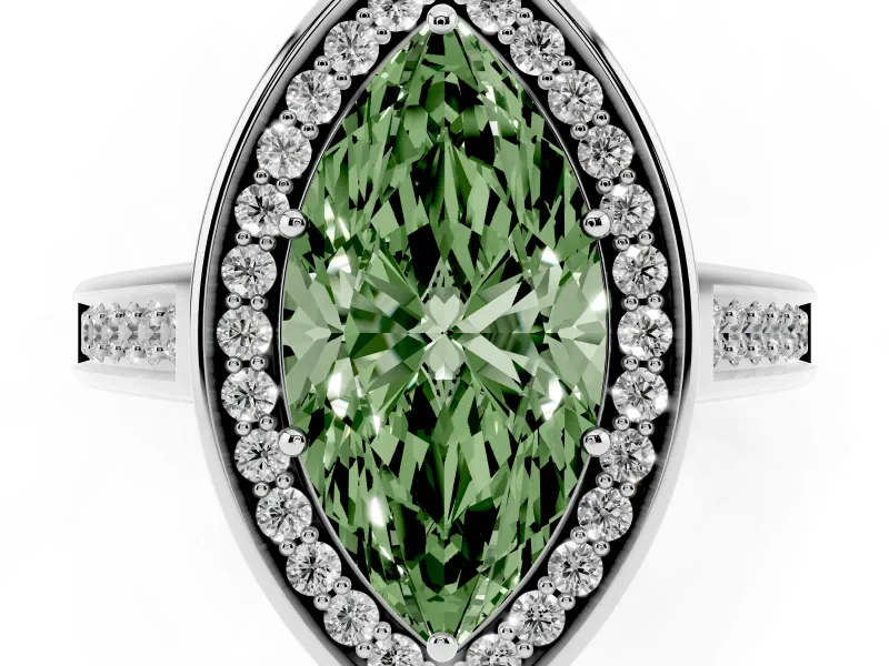 Fancy Green Marquise Cut Diamond Halo Solitaire Ring Set in White gold with Pavé Band and Bezel Setting